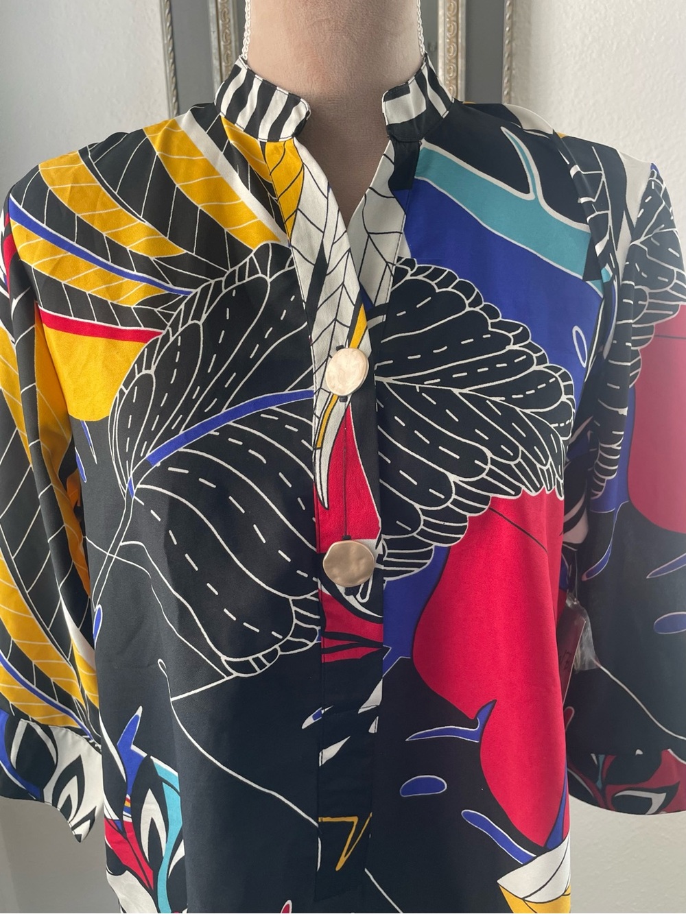 Coral Bay Black Multi-Color Printed Tunic with Gold Buttons